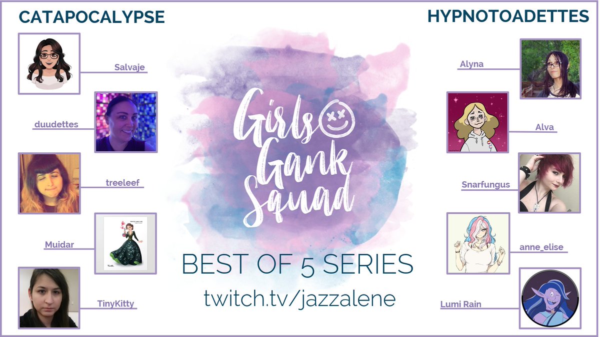 Catch #GirlsGankSquad today at 3 PM PT! 
<a href="/PlastyQueen/">Plasticine</a> and <a href="/GOONGGWP/">SOTO 🇵🇷</a> will be running the show for me today🥳

Catapocalypse
<a href="/SalvajeGaming/">Salvaje</a> 
duudettes
<a href="/TreeLeefs/">treeleef</a> 
<a href="/Muidar/">Muidar</a> 
@DestnyBlackmoon 

Hypnotoadettes
<a href="/AlynaTyler/">Alyna Tyler</a> 
<a href="/DankestGirl/">Girl of Grey and Pink</a> 
<a href="/snarfungus/">Snarfungus (She/They)</a> 
<a href="/anne_elise/">🏳️‍⚧️ Anne Elise is on Bluesky. Fuck X🏳️‍⚧️</a> 
<a href="/LumiRainTwitch/">LumiRain</a>