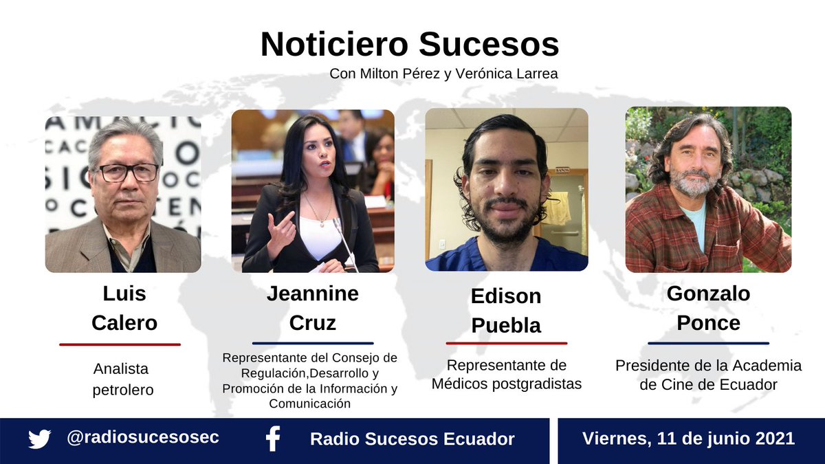 radiosucesosec's tweet photo. 🔷Mañana en #NoticieroSucesos analizaremos temas de interés nacional con:

1️⃣ Luis Calero @luchocalero1
2️⃣ Jannine Cruz @Jeanninecruzz
3️⃣ Edison Puebla 
4️⃣ Gonzalo Ponce @gponceleiva 
 
@miltonperezsh
@verocha16

🎙101.7 FM
🗓 Viernes, 11 de junio https://t.co/WL24MixKLs