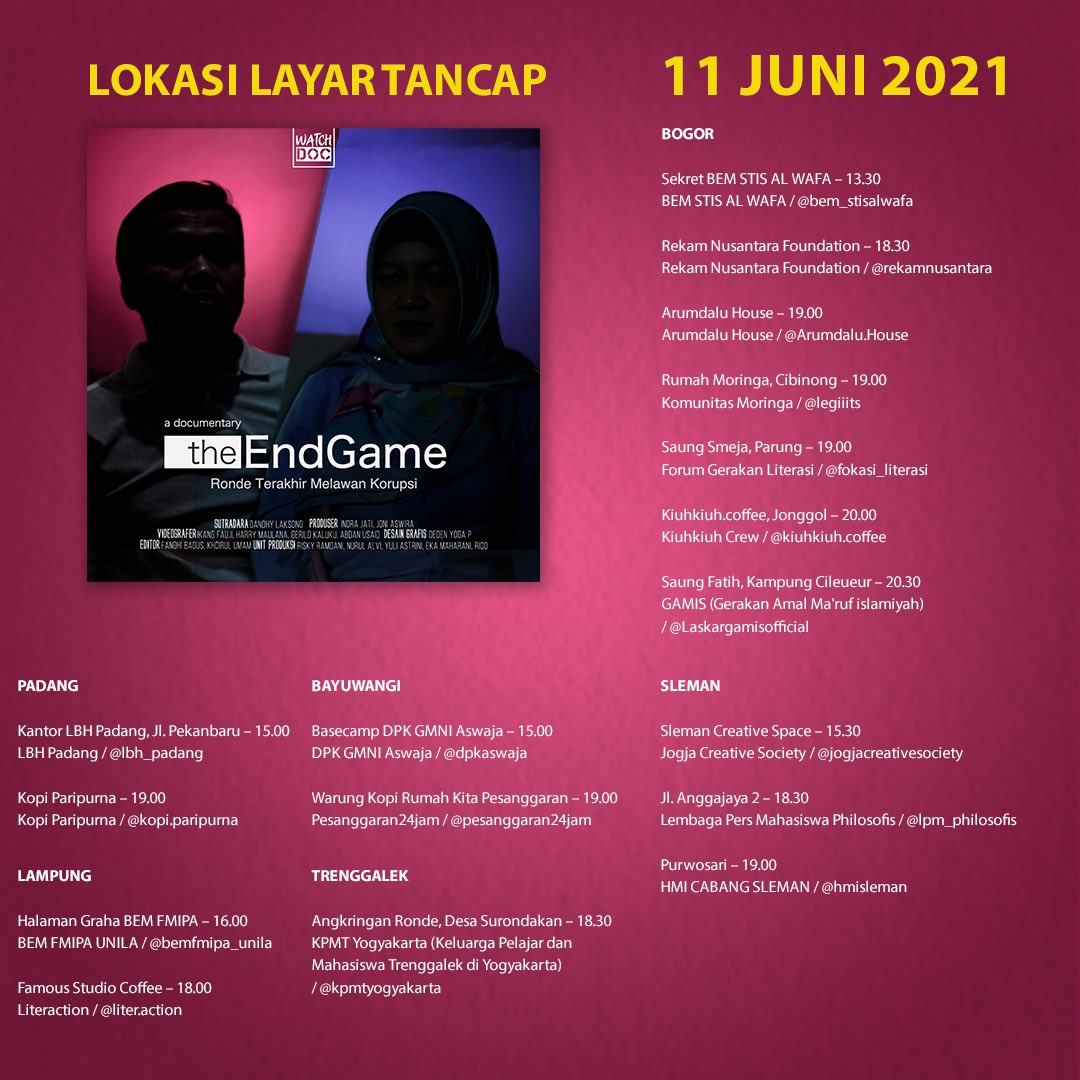 159 titik nobar #KPKEndGame akan dibentangkan dan disaksikan ratusan pasang mata. Catat lokasi dan jam pelaksanaannya. 

Utamakan selalu keamanan dan protokol kesehatan ya kawan!