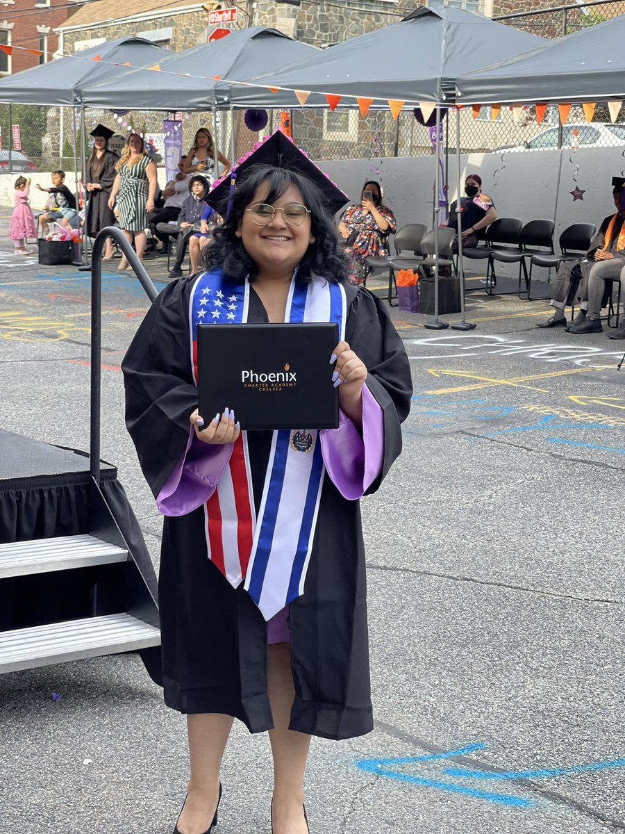 Yeah, she’s off to Simmons to be a social worker and change the world. That’s the El Salvadoran flag on the right there, bringing its history and beautiful experience into her journey, and ours. Way to bring it, <a href="/phoenixcharter/">Phoenix Charter</a> grads! #edthataddsup <a href="/mass4charters/">MCPSA</a>