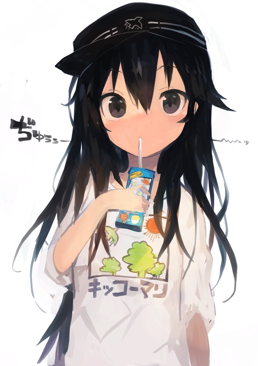 akatsuki (kancolle) 1girl solo long hair hat black hair shirt simple background  illustration images