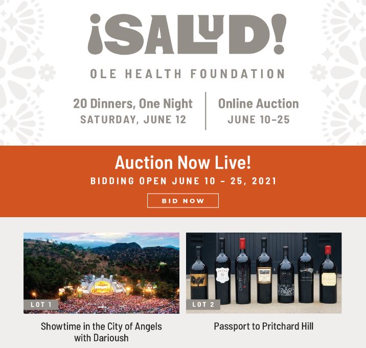 The ¡SALUD! Online auction June 10-25 to support OLE Health is now LIVE!! Click here to bid: one.bidpal.net/saludnapavalle… Incredible auction lots including a trip to #Morocco, experiencing the Last Pass with #DrewBrees. Thank you presenting sponsor <a href="/darioushwinery/">Darioush</a> #SALUD2021 #Napa
