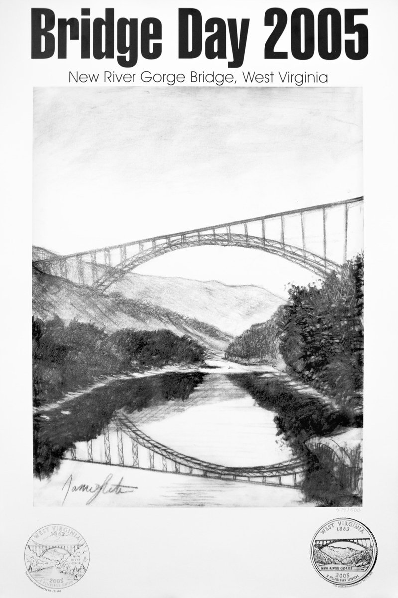 bridgeday's tweet image. The first Bridge Day poster was designed by Jamie Lester in 2005. The poster bears Lester’s own winning submission for the West Virginia State Commemorative Quarter. Learn how you can enter our Bridge Day 2021 poster contest here: bit.ly/3i4pbB8