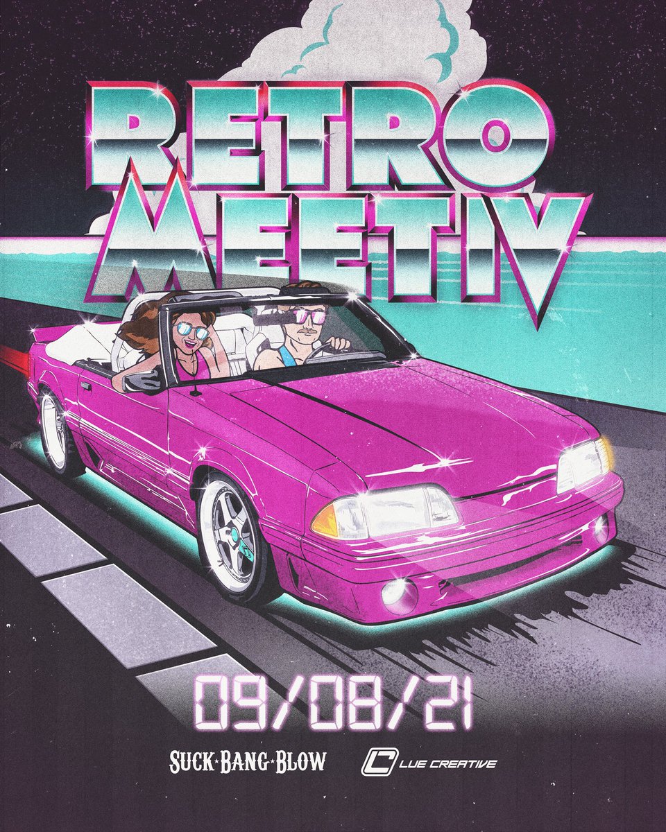 HarrisLue's tweet photo. Soooo I throw a lil event every year during @MBMustangWeek and I finally made the first piece of art for this years edition… check it out 👀👀 #RetroMeetIV #Outrun #RetroMeet #Foxbody #Mustang #FordMustang https://t.co/p1aVqF19X6