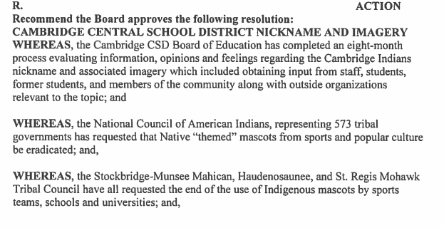 ADerySnider's tweet image. A draft resolution listing the harms #Nativemascots do. Unbelievably, after listing and discussing these harms, the @CambridgeCSD board chose not vote on this resolution. 
cc @woapefoundation, @ASAnews #NotYourMascot
