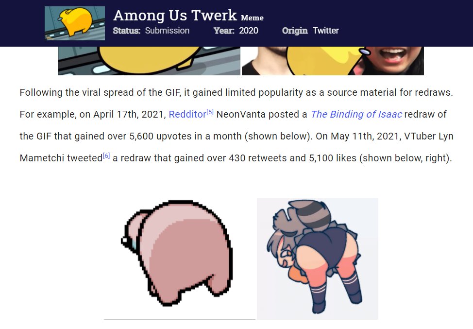 “omg my snuffy sussy animation is on the knowyourmeme among us twerk page ....