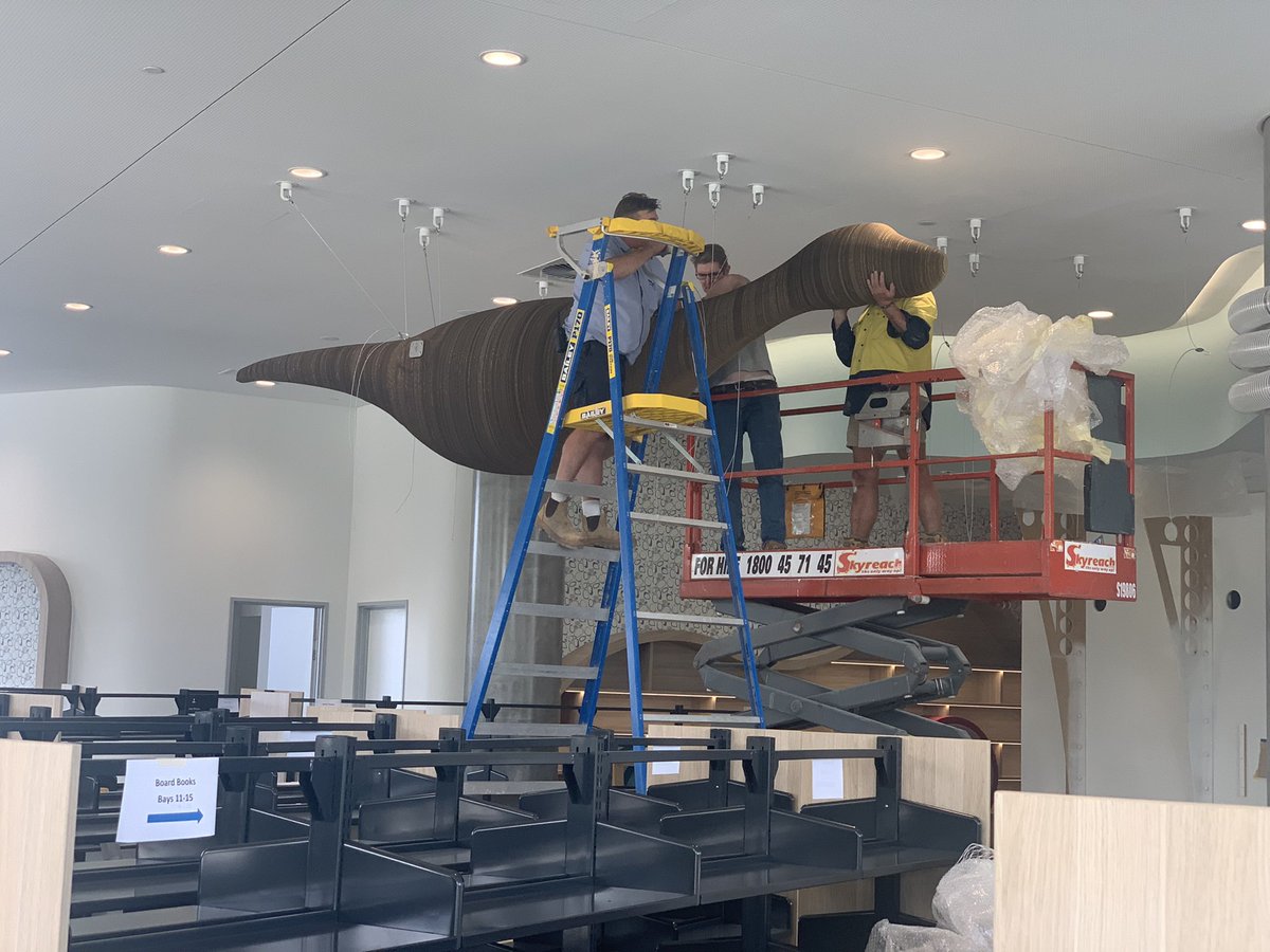 Library_Matt's tweet image. Baby dinosaur ceiling installation for children’s library going well. Momma plesiosaur is easily twice as big and goes up next. These monsters look STUNNING.