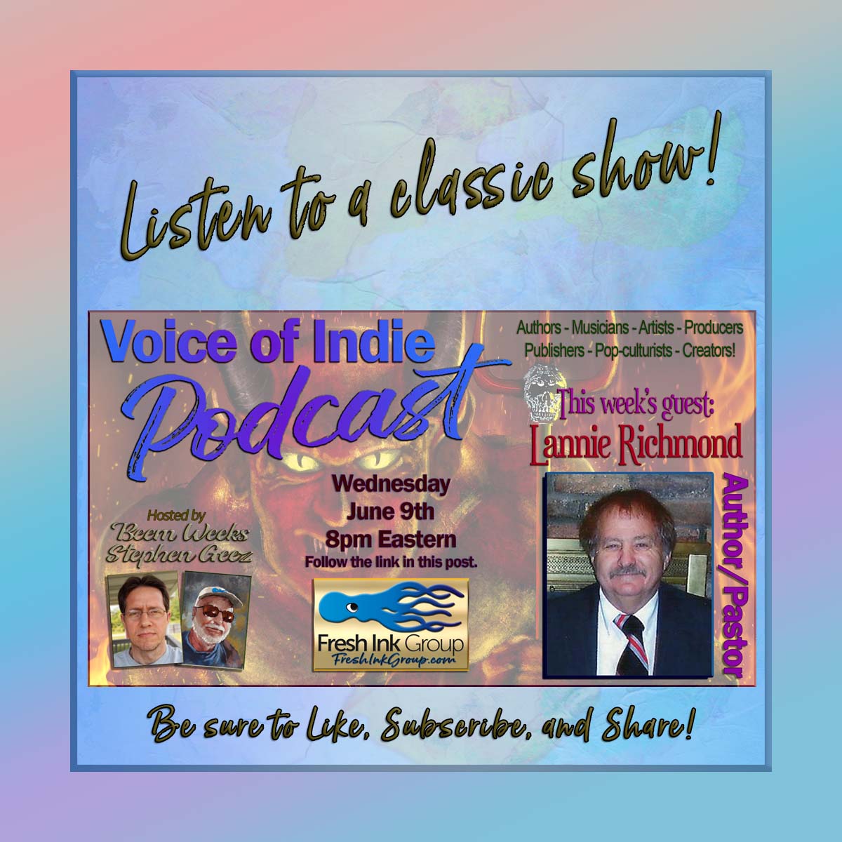 GeezWriter's tweet photo. Listen to a Classic Show! Lannie Richmond https://t.co/uZ4Zow8PCt VOICE OF INDIE #PODCAST @FreshInkGroup hosts @StephenGeez @BeemWeeks https://t.co/7VnjK0vvxr #pastor #author #religion #associatepastor #hell #evangelist #satan #devil #church #book a @VoiceOfIndie #FreshInkGroup https://t.co/5YEknCVs9L