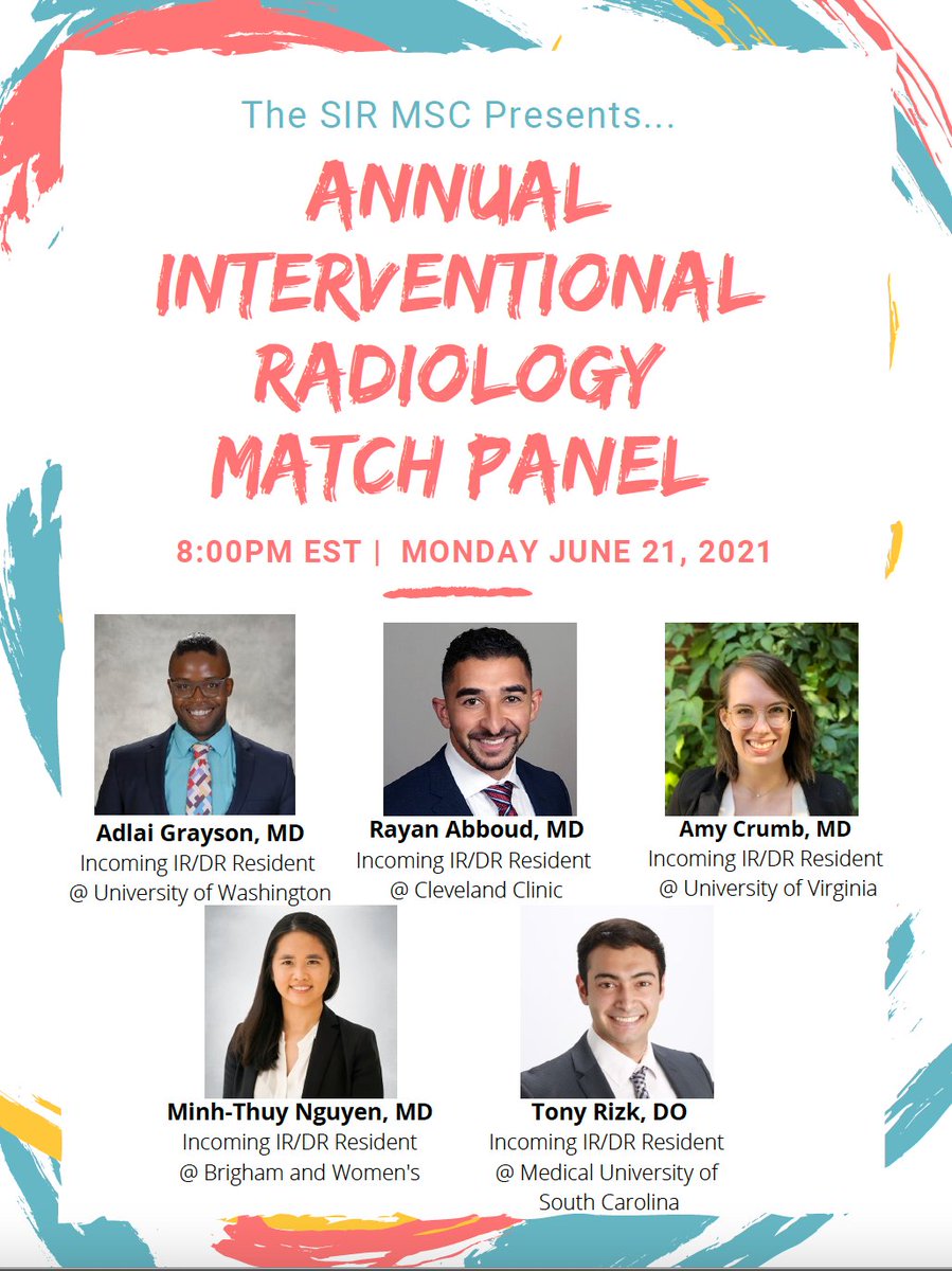 Join us on June 21st at 8 PM EST for the MSC IR/DR Match Panel! Register here: bit.ly/3izMIu2
Panelists: @RayanAbboud_MD @MINHTHUYNGUYEN15 <a href="/TRizky_IR/">Tony Rizk</a> <a href="/amycrumb_/">Amy Crumb</a> <a href="/AdlaiGrayson/">Adlai Grayson, M.D.</a>
#TwittIR #IamIR #IRadRes #SIR #MedTwitter #MedStudentTwitter #Match2022 #RadRes #IRad