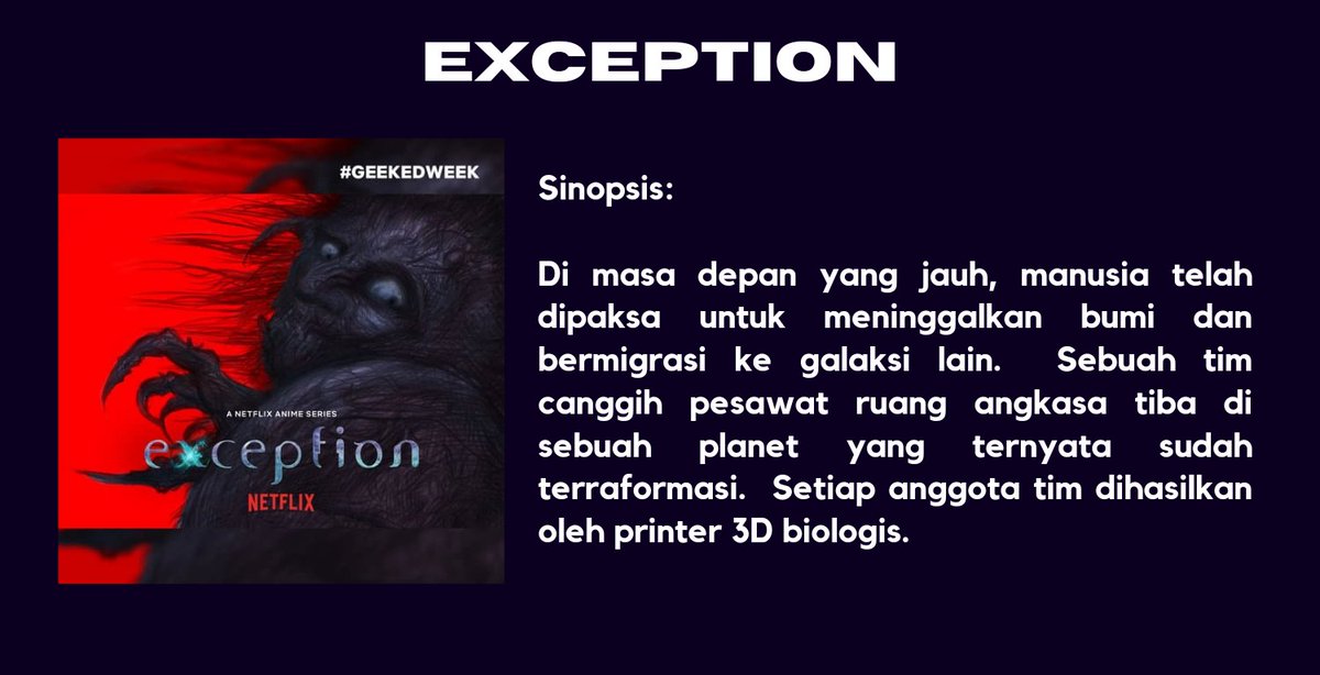 Anime2Desu's tweet photo. #ARPIDNews

Netflix Menggarap Anime TV Tema Space-Horror "Exception".

Diadaptasi dari cerita karangan dari novelis &amp; direktur film 'Hirotaka Adachi (Otsuichi)'.

Desain karakter: Yoshitaka Amano (Final Fantasy).
Yūzū akan menjadi direktur serial anime ini. https://t.co/Dt1ccTjRBy