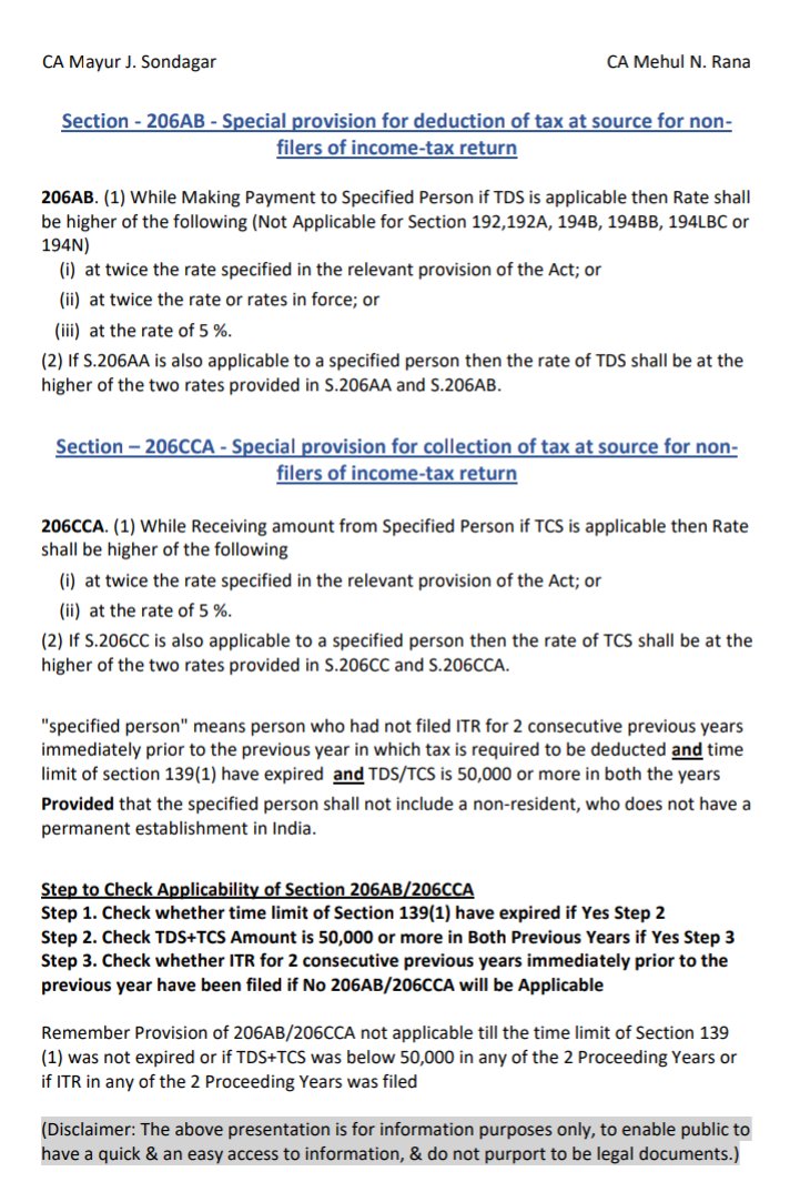 TaxationUpdates's tweet photo. Section 206AB - TDS for ITR Non-filers
Section 206CCA - TCS for ITR Non-filers
Steps to Check Applicability of Section #206AB & #206CCA
@FinMinIndia @IncomeTaxIndia https://t.co/UlizYF7Zwc
