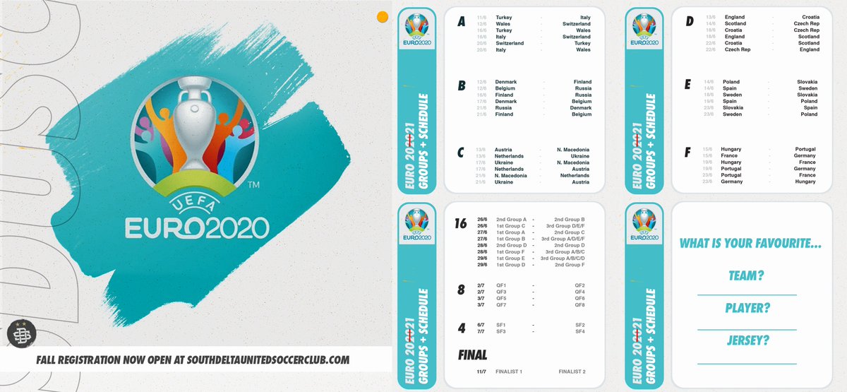 🇩🇪🇨🇿🇪🇸🇩🇰🇫🇮🇸🇪🇷🇺🇮🇹🇪🇸🇫🇷🇧🇪🇵🇹🇳🇴🇺🇦

For all of you registered with SDU, &amp; w/ #EURO2021 starting tmrw, keep an eye on your email for a printable schedule for the tournament.

If you'd just like a schedule, DM us and we will send one over!

Who/what is your favourite team/player/kit!