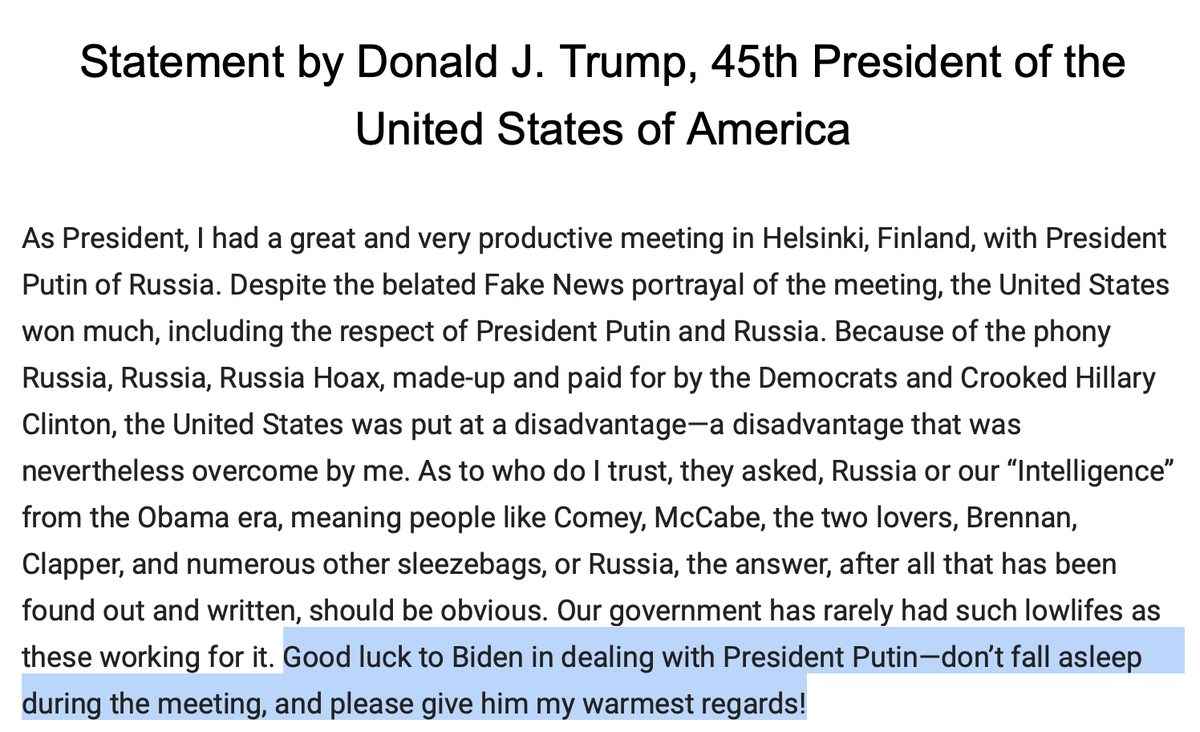 MZHemingway's tweet photo. President Trump wishes President Biden "good luck" on his upcoming meeting with Putin and tells him "don’t fall asleep during the meeting." https://t.co/OorKyXqMnf
