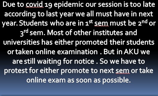 RakhiKu73233014's tweet photo. Promote 1st semester students or take online exam Asap.
Aku please 

#promote_aku_btech_exam 
#online_aku_btech_exam 
@AkuUnion @NitishKumar @BiharEducation_ @aajtak @News18Bihar @EduMinOfIndia @VijayKChy https://t.co/XdI5Ot4dn5