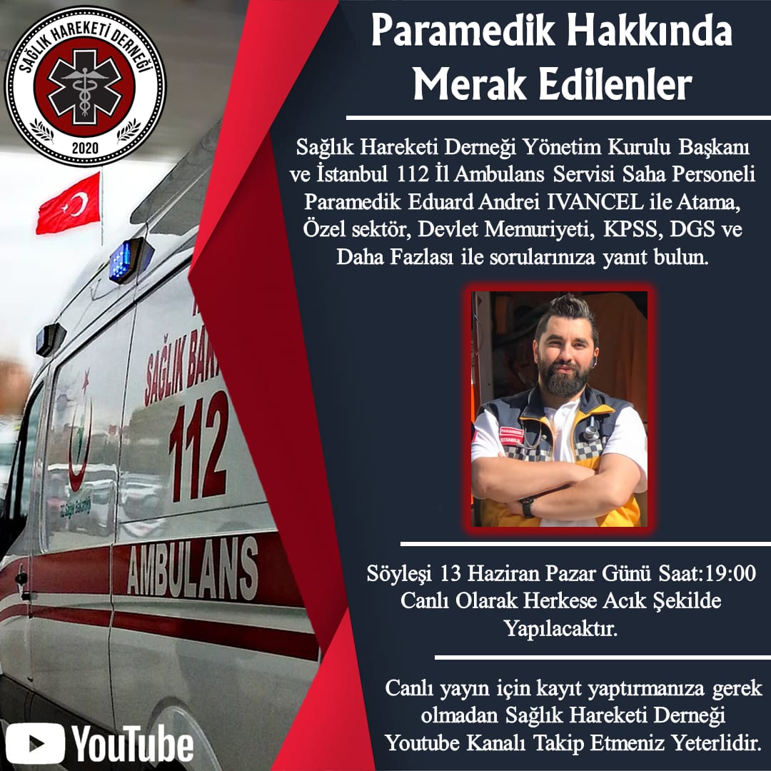 Paramedik mesleğine dair merak ettiğiniz her şey 13 haziran saat 19 da Sağlık Hareketi Derneği youtube sayfasında olacaktır.