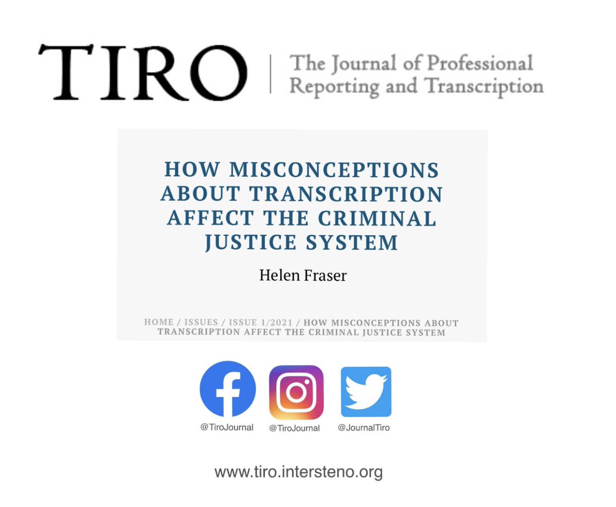 Read Helen Fraser’s article about forensic transcription in Australia in our latest edition of #TiroJournal. 

tiro.intersteno.org/2021/05/how-mi…

#ForensicTranscription #justice
#Intersteno #transcription #worldwide #international #global