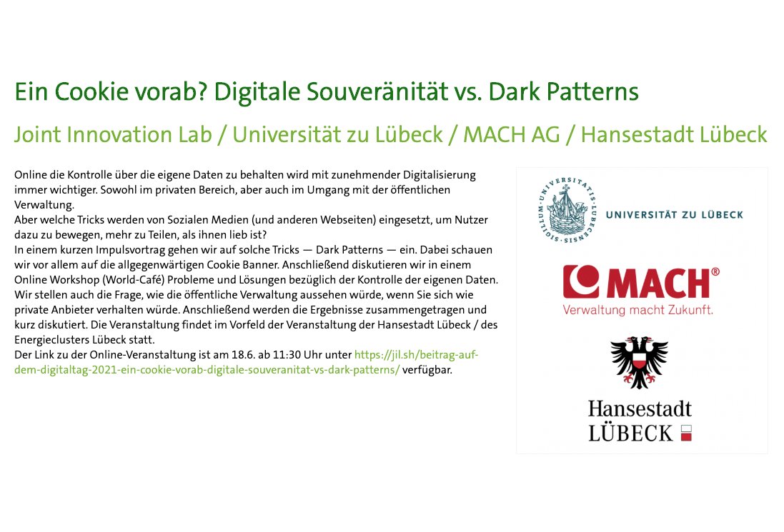 Das JIL ist dieses Jahr beim #Digitaltag dabei. Am 18. Juni befassen wir uns um 12 Uhr mit "Ein Cookie vorab? Digitale Souveränität vs. Dark Patterns". digitaltag.eu/ein-cookie-vor… (Online-Veranstaltung). Schauen Sie vorbei. :-)