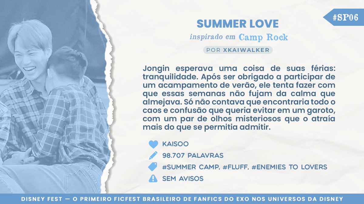 exodisneyfest's tweet image. Summer Love

✧ KAISOO
✧ Inspirado em Camp Rock
✧ #SP06 ⋆ 98,707 palavras
✧ archiveofourown.org/works/31593131…