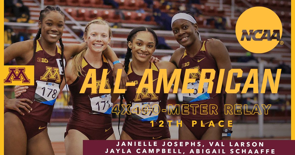 #Gophers Janielle Josephs ➡️ <a href="/valerielarsonn/">Val Larson</a> ➡️ Jayla Campbell ➡️ <a href="/AbigailAmoy/">amoy.abigail</a> run 3:36.20 to place 12th in the #NCAATF women's 4x400m relay. 〽️