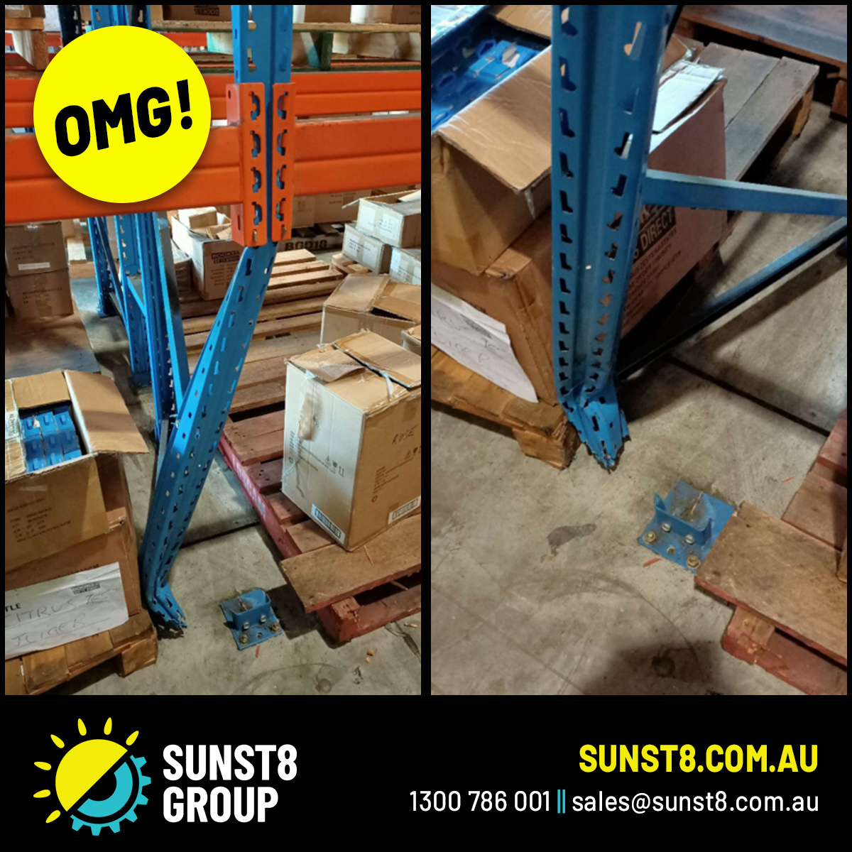 Sunst8Group's tweet photo. OMG! A client called saying they had #impactdamage at their site that they would need repaired. Well… They weren’t joking! This upright has been completely torn off its baseplate and they did the right thing in calling us in to fix it as it is in NO way safe! 😱#palletracking https://t.co/bhY3c2mIP1