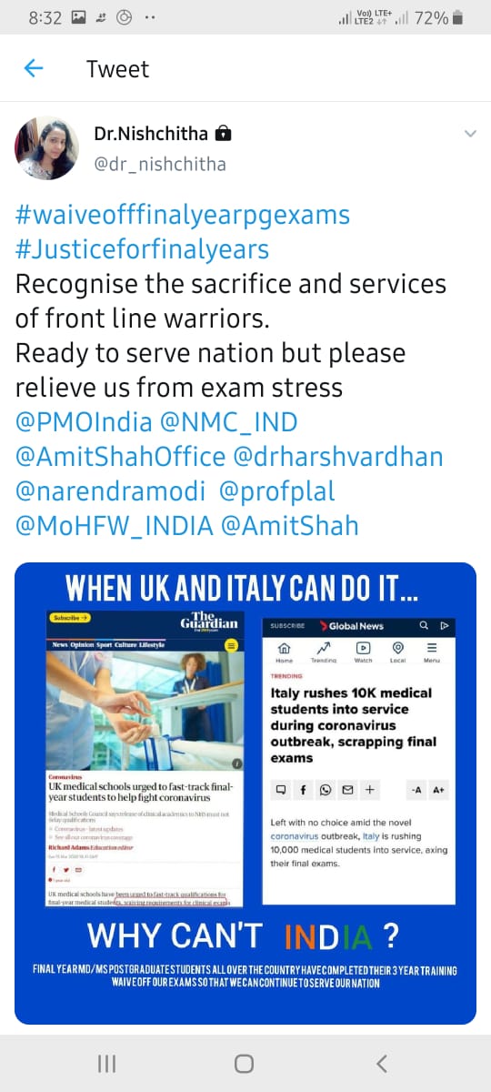 Raghave16450368's tweet photo. #waiveofffinalyearpgexams 
#Justiceforfinalyears
Recognise the sacrifice and services of front line warriors.
Ready to serve nation but please relieve us from exam stress
@PMOIndia @NMC_IND @AmitShahOffice @drharshvardhan @narendramodi  @profplal @MoHFW_INDIA @AmitShah https://t.co/TUgDLTlJdt