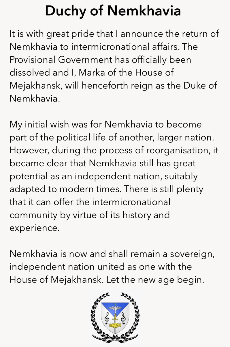 NOTICE: On the foundation of the Duchy of Nemkhavia.