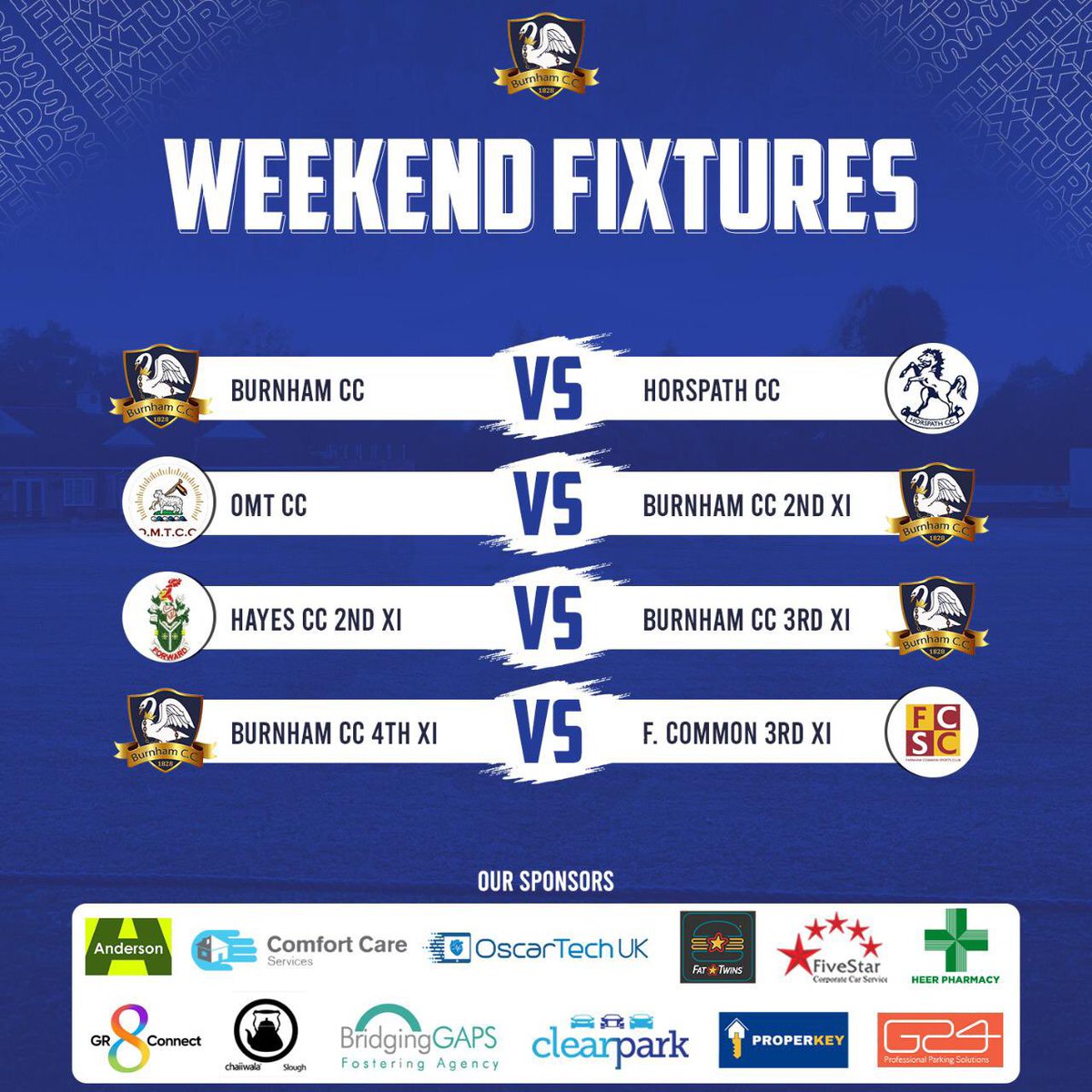 Burnham Cricket Club (@burnhamcc) on Twitter photo Our 1’s take on <a href="/horspathcricket/">Horspath Cricket</a>. 2’s are away to <a href="/OMTCricketClub/">OMT Cricket Club</a>. 3’s are away to <a href="/hayesccmiddx/">Hayes CC (Middx)</a> and the 4’s home to <a href="/FarnhamCommonCC/">Farnham Common CC</a>. #hcpcl #tvcl #itsjustcricket #cricket Our 1’s take on <a href="/horspathcricket/">Horspath Cricket</a>. 2’s are away to <a href="/OMTCricketClub/">OMT Cricket Club</a>. 3’s are away to <a href="/hayesccmiddx/">Hayes CC (Middx)</a> and the 4’s home to <a href="/FarnhamCommonCC/">Farnham Common CC</a>. #hcpcl #tvcl #itsjustcricket #cricket