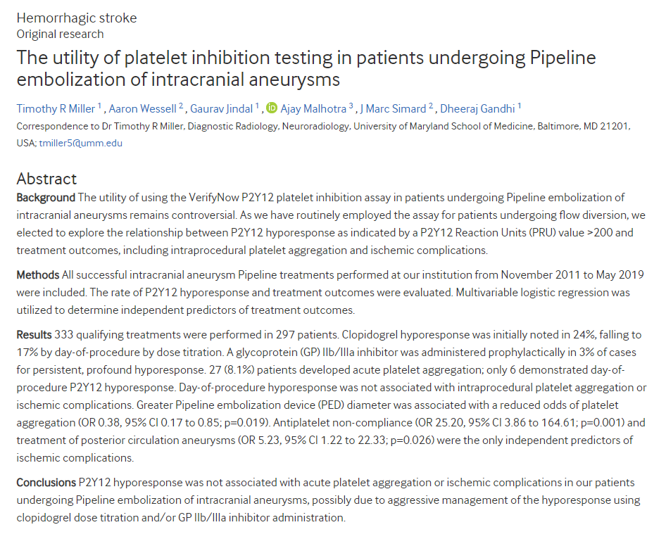 Congrats team on this new study in <a href="/JNIS_BMJ/">JNIS</a>. Clopidogrel dose titration and/or GP IIb/IIIa inhibitor use may allow us to safely respond to P2Y12 hyporesponse in pipeline embolization of cerebral aneurysms <a href="/svinsociety/">SVIN</a> <a href="/YoungNIR/">YoungNIR</a> #neurosurgery link: bit.ly/2TlFAqs