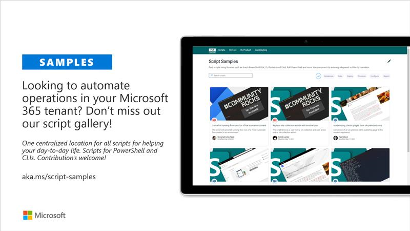 pkbullock's tweet photo. Announcing PnP Script Samples for sharing M365 scripts with the community. With over 60 samples covering #CLIMicrosoft365 and #PnPPowerShell tools. Feedback and contributions welcomed. #ScriptSamples #M365PnP

https://t.co/1RsAGiliU7 https://t.co/5DF6wM1T4n