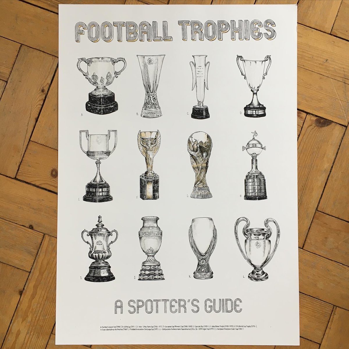 SouthRoadPrint's tweet photo. It’s #euro2020 time! You could buy an England shirt for 80 notes or whatever, or you could spend much less on my Football Trophies: A Spotter’s Guide print! Big, entirely handmade and featuring (difficult-to-photograph) metallic inks! (*Euros trophy not featured, btw..!) https://t.co/MZIMqUzwEp