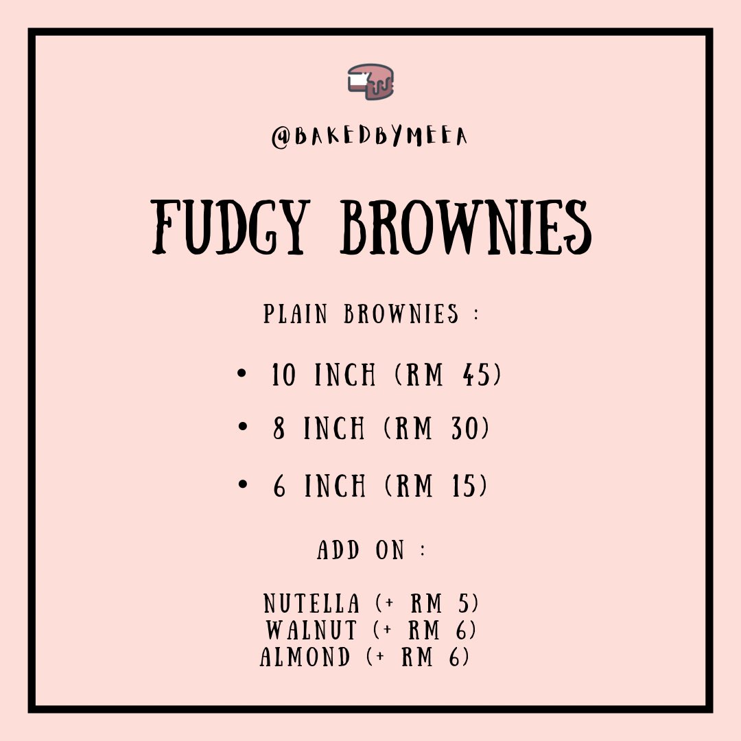 bakedbymeea's tweet photo. Price list do refer here ✨

🍰 Kek Batik Indulgence
🍰 Fudgy Brownies 
🍰 Choc Cheese Fudgy Brownies

🌟 Combo Box

📲 https://t.co/vfDZIQ1ZyD
📸 https://t.co/tSytmZefTw https://t.co/Goy379TbDs
