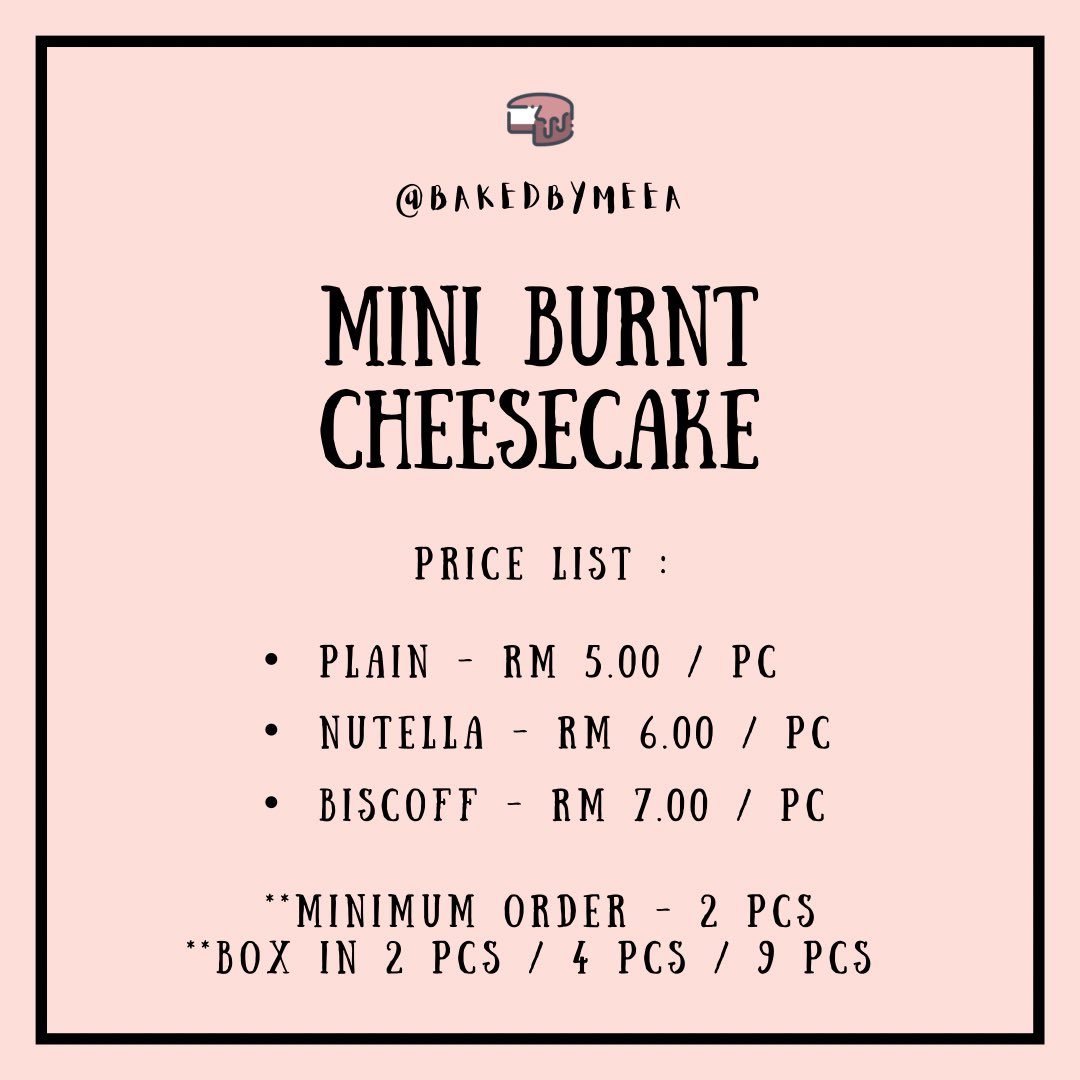 bakedbymeea's tweet photo. NEW MENU 

1️⃣ Mini Burnt Cheesecake
🌟 Plain / Biscoff / Nutella

2️⃣ Combo box (4 in 1)
🌟 Plain Fudgy Brownies
🌟 Caramel Macchiato Brownies
🌟 Speculoos Nutella Brownies
🌟 Lotus Biscoff Brownies https://t.co/u0B4BrB0vE