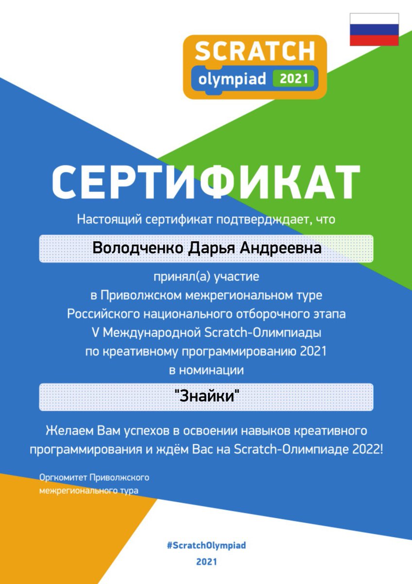 Ребята, обучающиеся в ЦДО по программе "Программирование в среде Scratch", приняли участие в Приволжском региональном туре Российского национального отборочного этапа V Международной Scratch-Олимпиады по креативному программированию 2021. Педагог Суконникова Татьяна Анатольевна