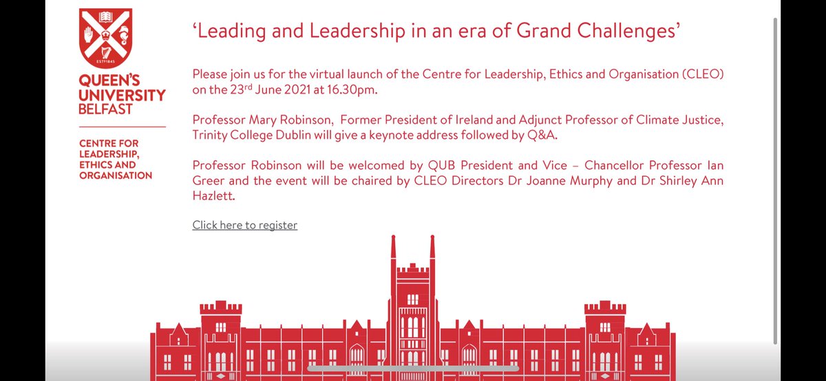 We in @cleoqub are thrilled to have Former President of Ireland, Chair of @TheElders & all round legend #MaryRobinson give keynote at #CLEO official launch - 23rd June, 4.30pm. See invite & Q Code below to register Please #RT @QUBResearchAHSS @QUBManagement