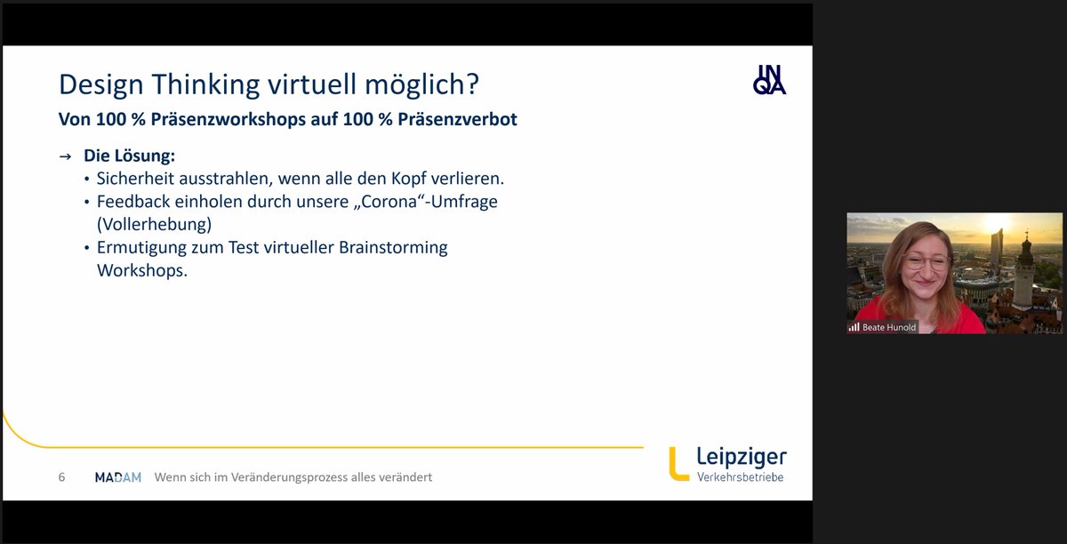 summitcle's tweet image. 👀 Kleiner Blick über den agilen Tellerrand mit Beate Hunold von @MADAM_LVB! Was tun, wenn mitten im Change-Prozess eine Pandemie zuschlägt?

Sie erzählt uns, wie sie und ihr Team die neuen Herausforderungen meistern konnten. Danke für deinen Erfahrungsbericht! 😊

#sasummit2021
