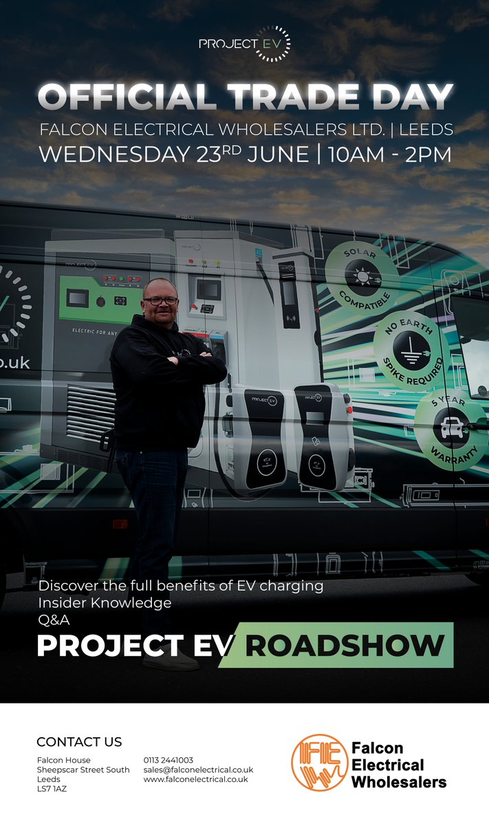 falcon_leeds's tweet photo. OFFICIAL TRADE DAY WEDNESDAY 23RD JUNE 2021 10AM-2PM PROJECT EV ROADSHOW. DISCOVER THE FULL BENEFITS OF EV CHARGING. LEEDS UK. https://t.co/wQy6ZrgXYx