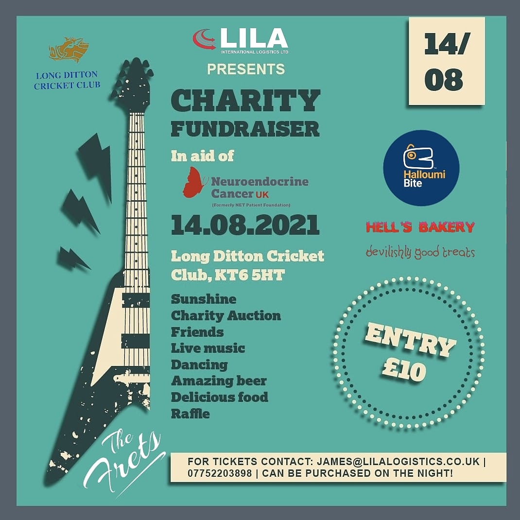 🚨 CHARITY FUNDRAISER! 🚨

LILA International Logistics Ltd are teaming up with <a href="/ldcchogs/">Long Ditton Cricket Club 🐗</a> to host a Charity Fundraiser on 14.08.2021.

Charity - <a href="/ncukcharity/">Neuroendocrine Cancer UK #NotJustNECancer</a>
Music from - #TheFrets
Greek Cuisine - <a href="/Halloumibite/">Halloumi Bite</a> 
Cakes - #HellsBakery