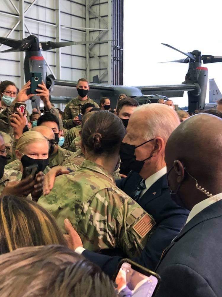 ProfilesInPride's tweet photo. On Weds, my wife &amp; I had the amazing opp to see the Bidens speak on base. Afterward, my wife squeezed up front, told @POTUS she was a trans service member, and he pulled her into a heartfelt hug 😭 I also got a handshake. The tone shift &amp; his support is incredible. #PrideMonth https://t.co/cCuY7HWr49