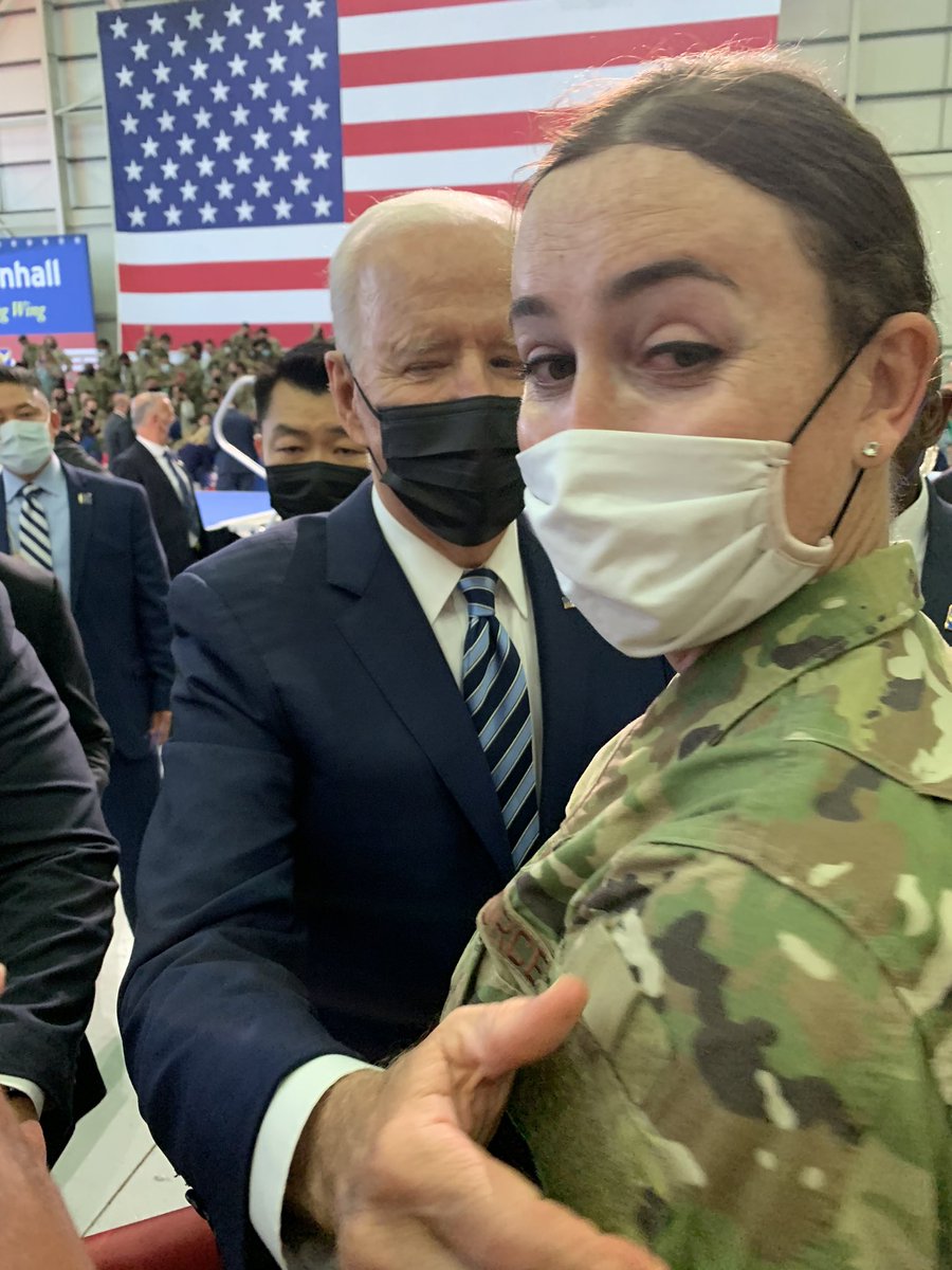 ProfilesInPride's tweet photo. On Weds, my wife &amp; I had the amazing opp to see the Bidens speak on base. Afterward, my wife squeezed up front, told @POTUS she was a trans service member, and he pulled her into a heartfelt hug 😭 I also got a handshake. The tone shift &amp; his support is incredible. #PrideMonth https://t.co/cCuY7HWr49
