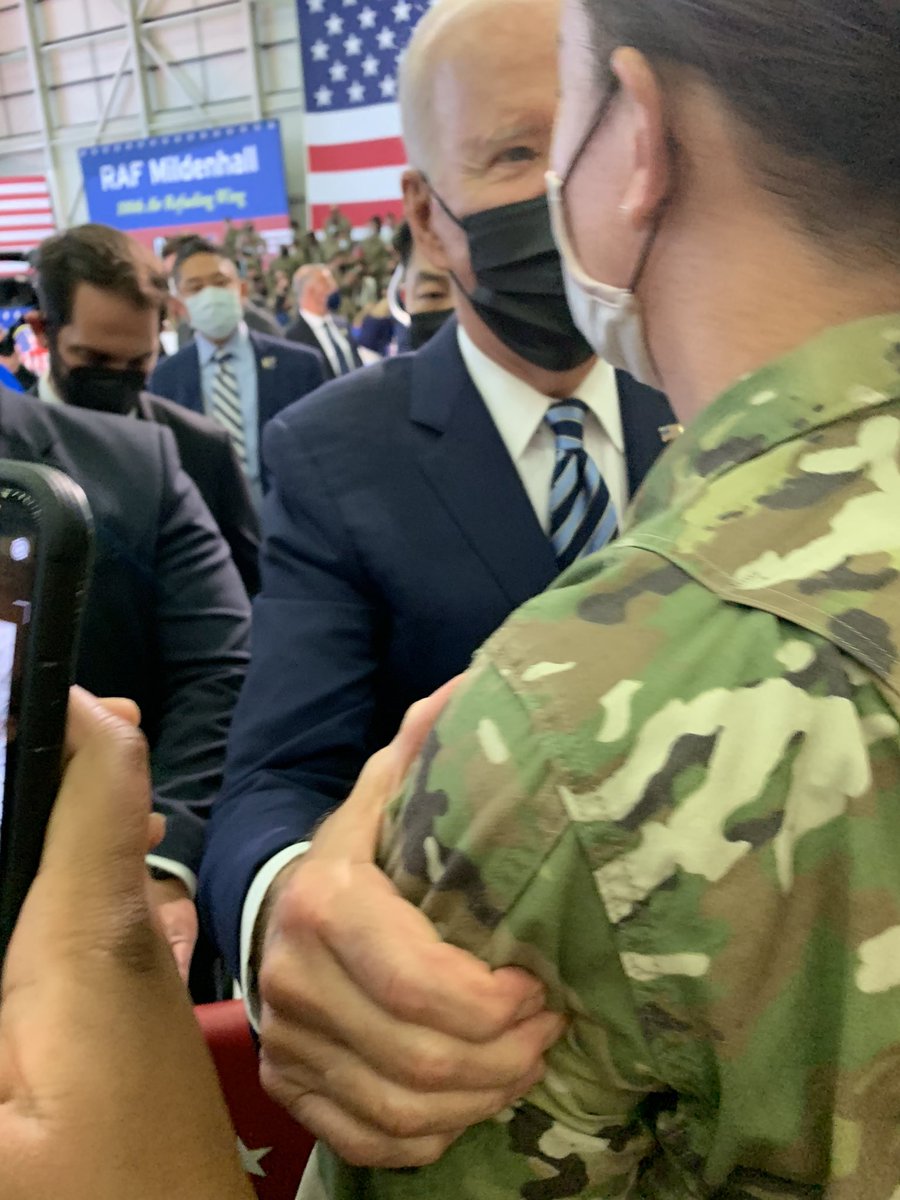 ProfilesInPride's tweet photo. On Weds, my wife &amp; I had the amazing opp to see the Bidens speak on base. Afterward, my wife squeezed up front, told @POTUS she was a trans service member, and he pulled her into a heartfelt hug 😭 I also got a handshake. The tone shift &amp; his support is incredible. #PrideMonth https://t.co/cCuY7HWr49