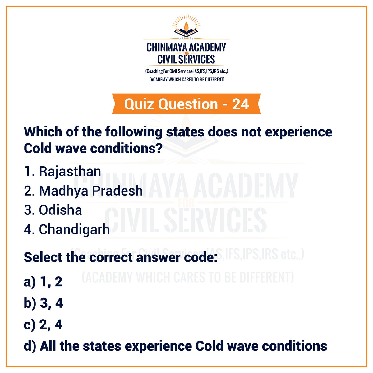 UPSC Quiz Time 🤩 Question Number - 24

✔️ The correct answer will be revealed on Saturday (12/06/2021)

Register today for online IAS coaching at chinmayaias.com or call us +91 – 98413 80738 / +91 – 98407 01008 for more details.

#chinmayaias #upsc #currentaffairsquiz