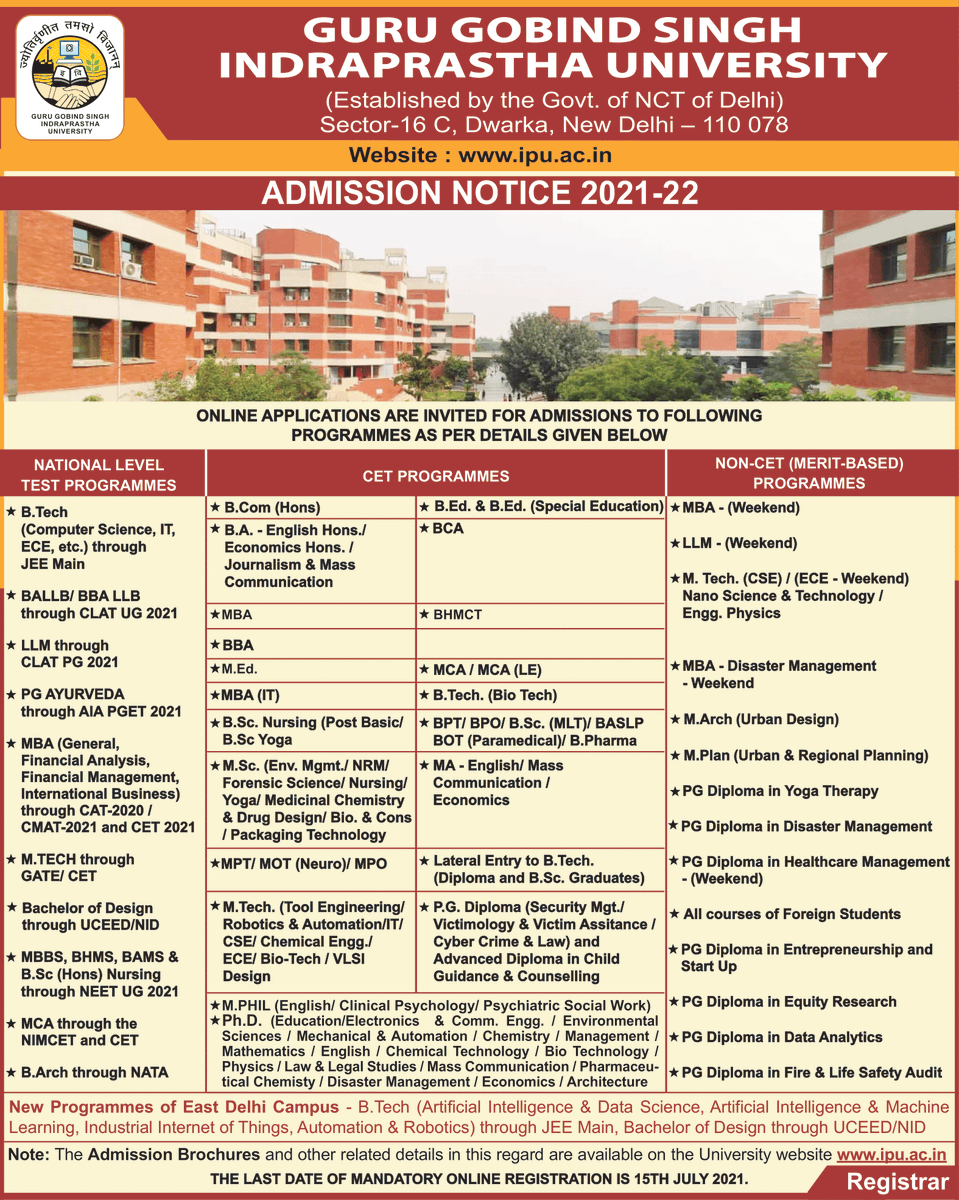 Trinity Institute Guru Gobind Singh Indraprastha University Admission Notice 21 22 Online Applications Are Invited For Admissions To Following Progrrammes As Per Details Given Below The Last Date Of Mandatory