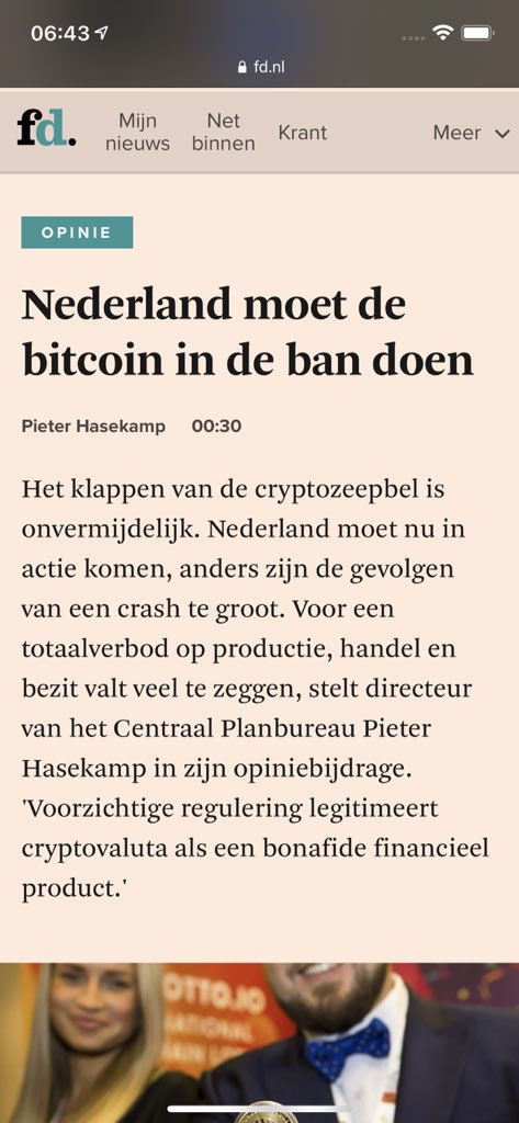 SilvaShift's tweet photo. BREAKING: Director of the Dutch Bureau for Economic Analysis is calling for a COMPLETE BAN on mining, holding and trading #Bitcoin and other crypto assets. 

Article in Dutch behind paywall:
https://t.co/ECibJGBO4w

I’ve highlighted the main points in the thread 👇
1/ https://t.co/T1Y84EJOEX