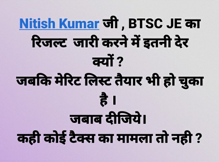 ArvindS43553822's tweet photo. #declarebtscjeresult #declarebtscjeresultSir, please order to  BTSC to release final merit list of Junior engineer 01/2019 as soon as possible, because it has been 5 months since our counseling ended, but our final result not released till now
#declarebtscjeresult 
@NitishKumar https://t.co/9TPUz4AmwO