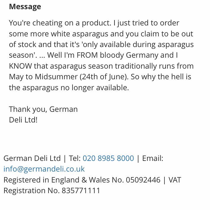 Another example how serious us Germans take our white asparagus. The good news is that we are picking up more asparagus this morning. The bad news is it is the one but last time for this year. So if you haven’t or want to one more time, get ordering. 

#germandeli