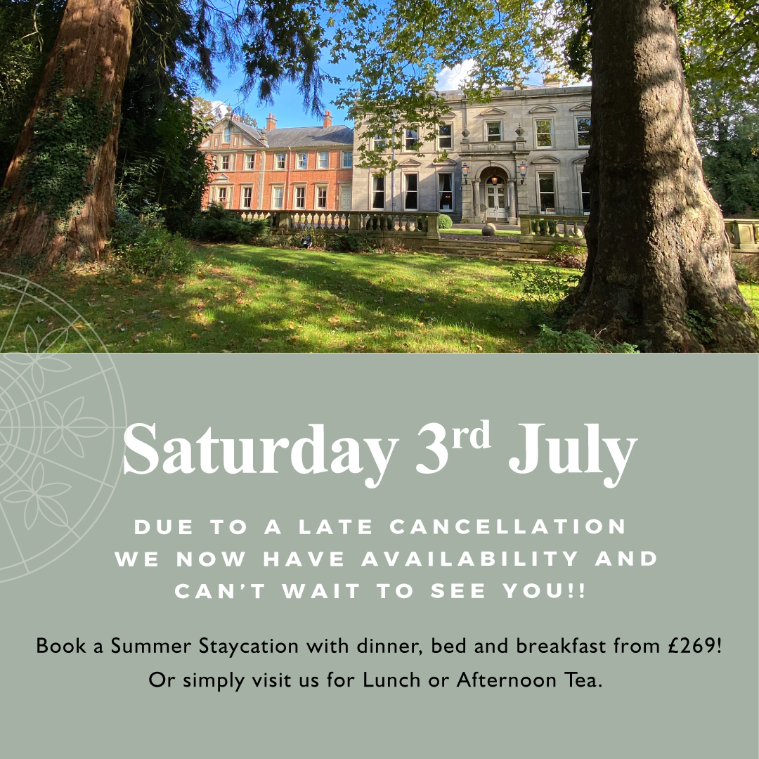 Due to a cancellation, we now have weekend availability on Saturday 3rd July. Tables are booking up fast so call 01858 880058 to avoid disappointment. Book a Summer Staycation, Lunch, Afternoon tea or visit for drinks on the terrace. #hotel #leicester #leicestershire