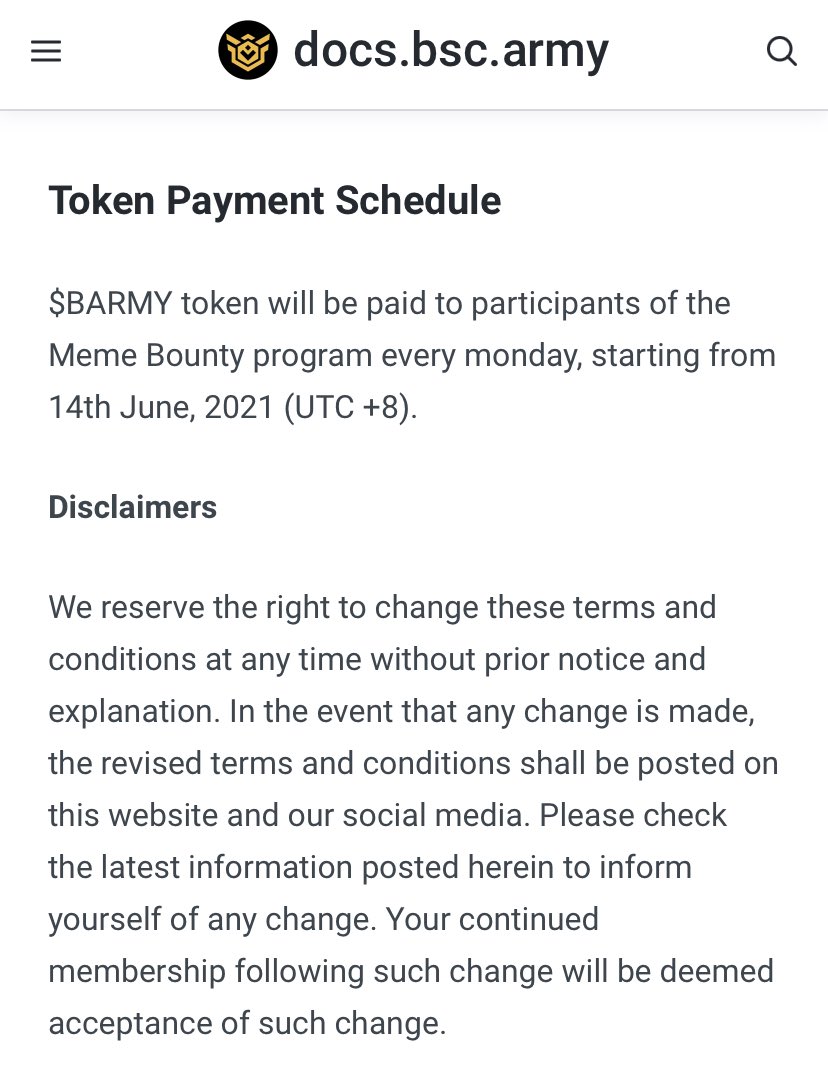 BARMYGROUP's tweet image. 🤑🤑🤑🤑 UPDATE  🤑🤑🤑🤑

Token Payment Schedule for #BARMY Meme Bounty Program

$BARMY token will be paid to participants of the Meme Bounty program every monday, starting from 14th June, 2021 (UTC +8).

#MakeMeme #MakeLove #MakeMoney