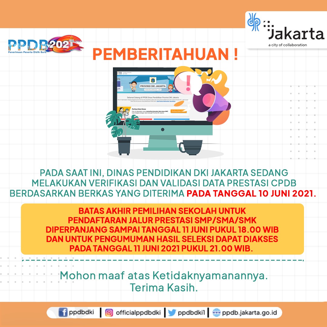 PMBDKI's tweet photo. Hallo #Sahabatdisdik

Dinas Pendidikan DKI Jakarta, pada saat ini masih melakukan verifikasi dan validasi data jalur prestasi CPDB berdasarkan berkas yang diterima pada tanggal 10 Juni 2021. https://t.co/1E9jb6hxvR