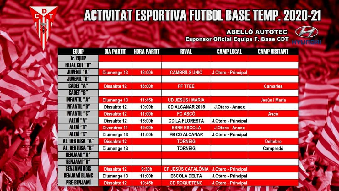 cdtortosa's tweet photo. ⚽️ 🗓 Calendari de partits per al cap de setmana. Tornem a destacar el partit tornada de la fase de promoció d'ascens que disputarà el Cadet A a Camarles contra el FF TTEE.
Hyundai Abelló Autotec Esponsor Oficial Equips F. Base CDT 🔴⚪
#cdtbase #cdtescola #Tortosa #TerresdelEbre https://t.co/mYaKRlSOKr