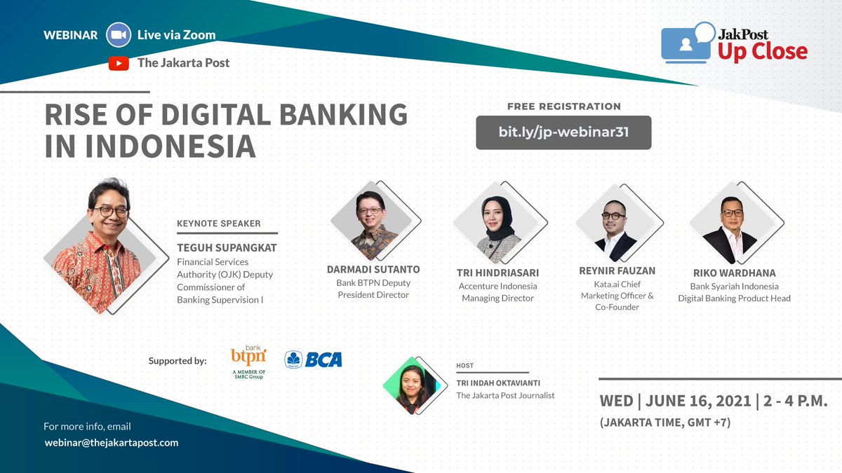 jakpost's tweet photo. What are the strengths and the challenges of conventional banks in navigating digital businesses? 

Find out more about the digital banking transformation in Indonesia through #JakpostUpClose #31 webinar on Wednesday, June 16.

Click here to register: https://t.co/FQtxjVyHZX https://t.co/6bxjr6ybRD